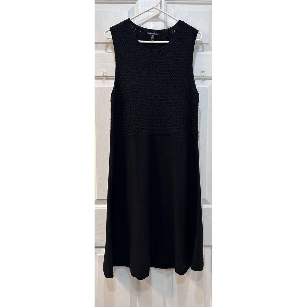 Eileen Fisher Sleeveless Wool A-line Knit Sweater Dress Size L Black Career Wear